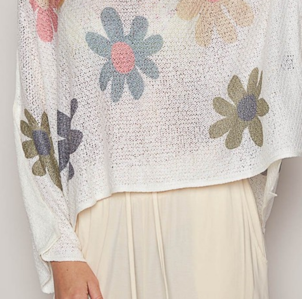 POL Daisy Retro Color Contrast Flower Top Oversized Shirt Pullover Knit Sweater - Picture 10 of 11